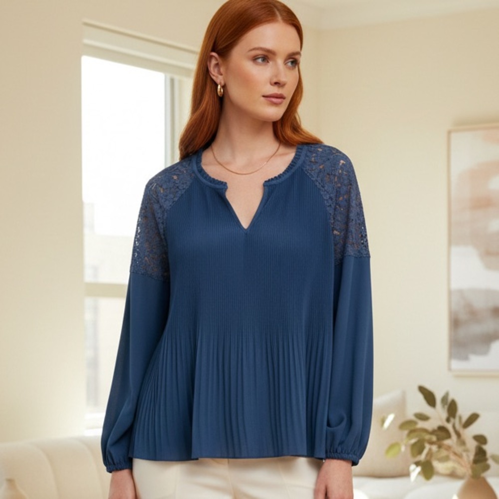 Knox Rose Navy Blue Pleated Lace Flowy  Blouse Womens Sz L cottagecore office